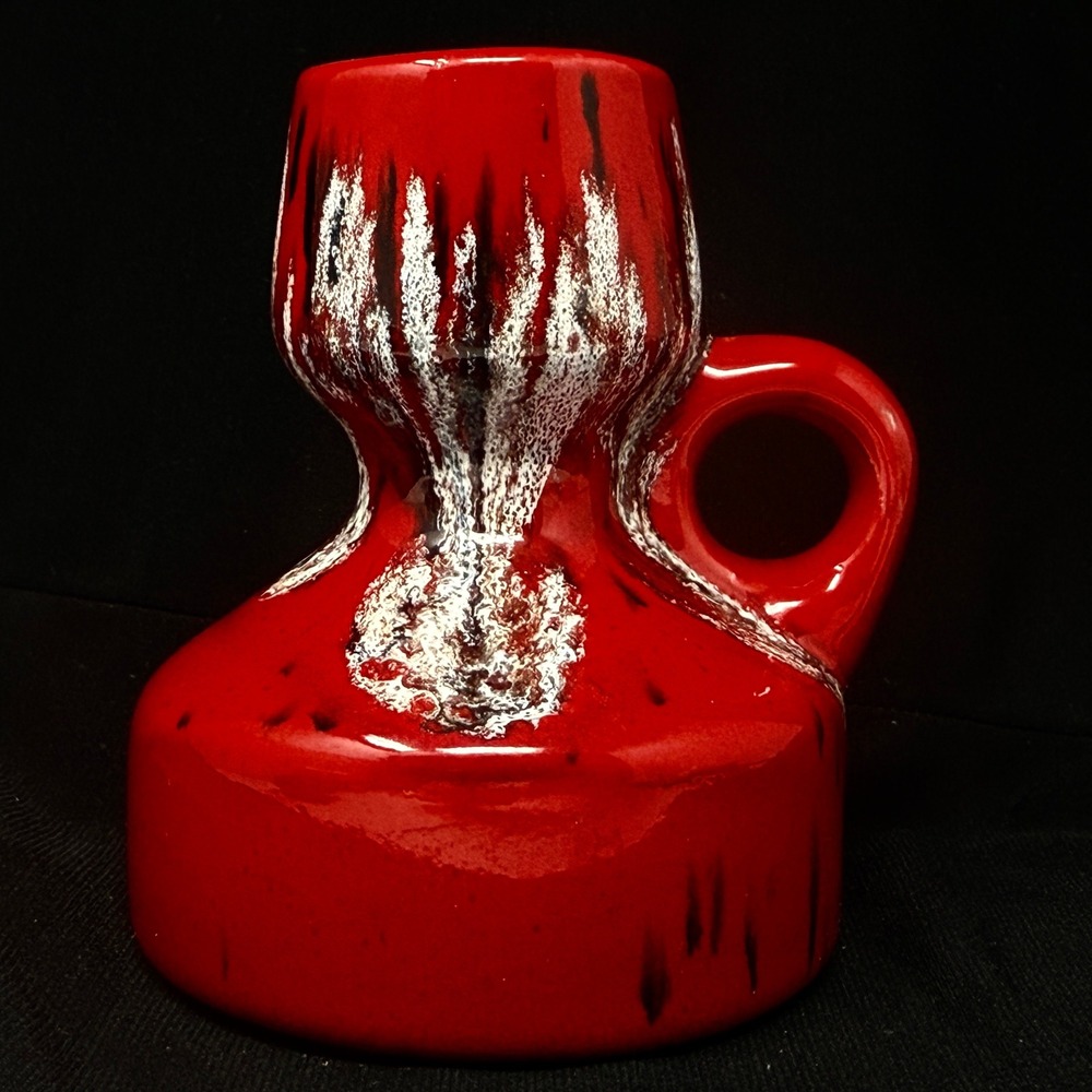Red Dripware Glaze Black White Candleholder Vase Handthrown Pottery Eclectic 4"